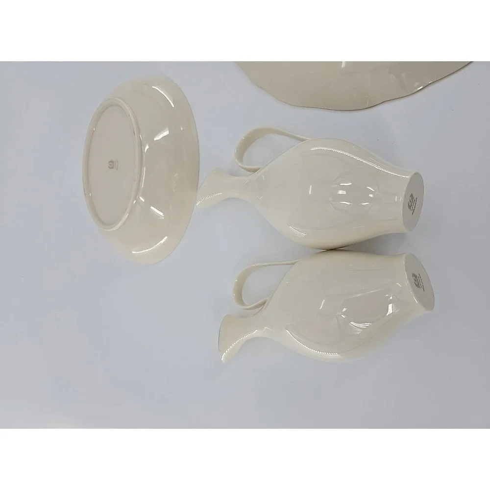 2 LENOX Sleek Creamy W/Gold Trim Pitchers In Bowl +Floral Bird Anniversary Plate